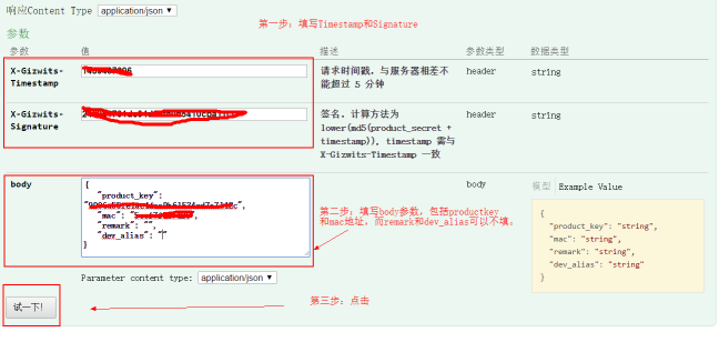 Fill in Timestamp, Signature and Body parameters