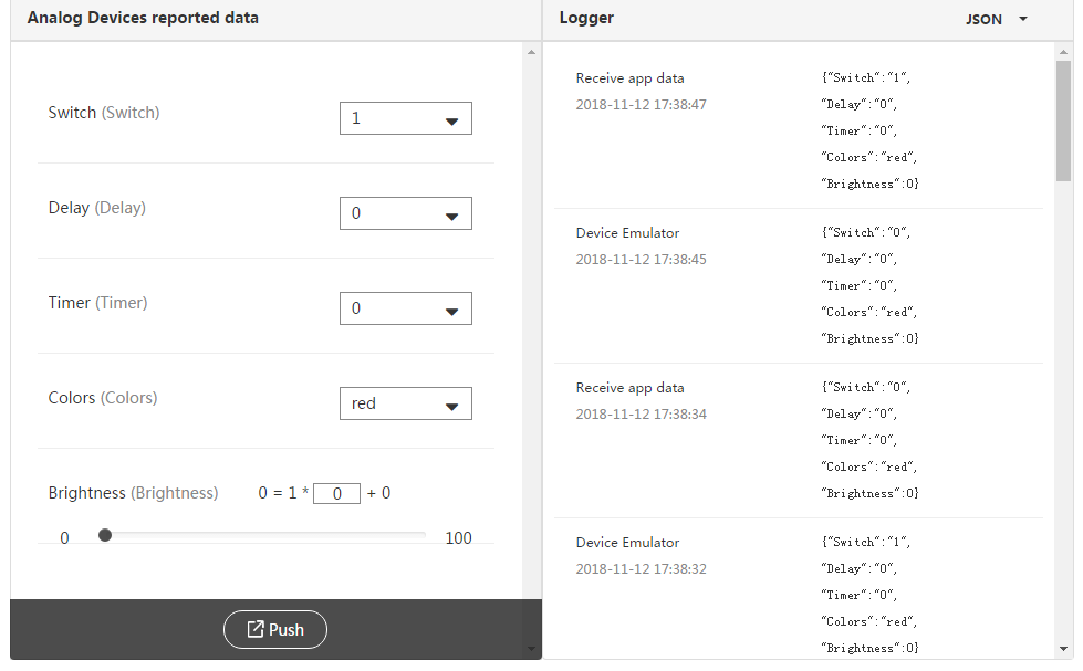 Set the "switch on/off" field of the smart light with 1