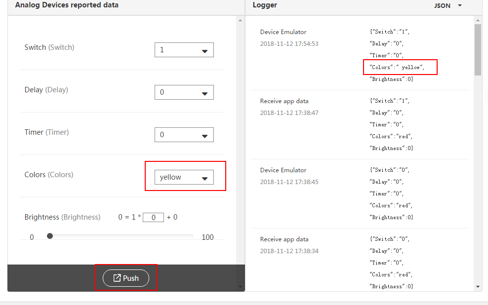 Virtual devices reporting data to the debugging App